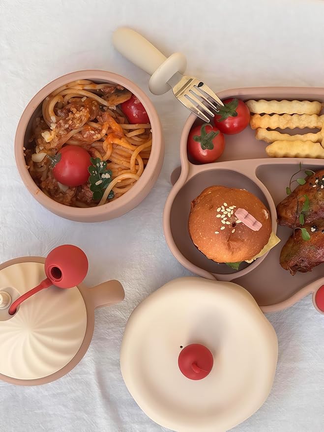 Silicone Baby Feeding Set, Gelato Collection Baby Led Weaning Supplies, First Self-Feeding Set with Suction Bowl & Plate, Sippy Cup & Bib, Fork & Spoon - Brown