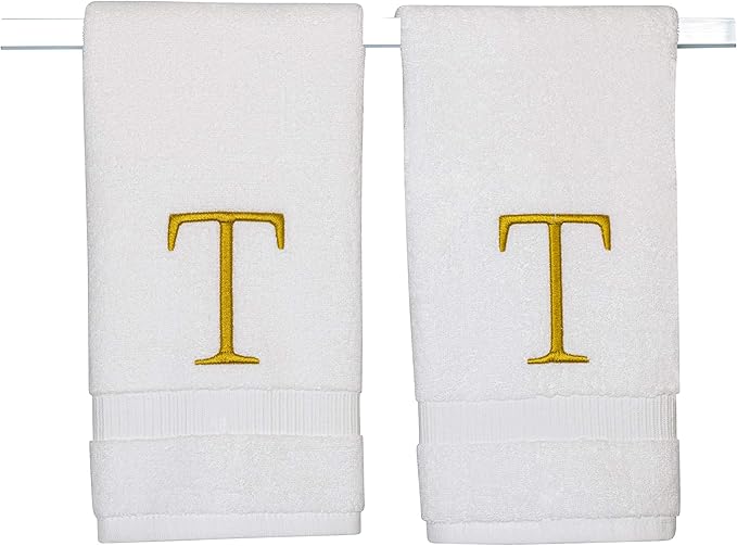 Monogrammed Hand Towels for Bathroom - Luxury Hotel Quality Personalized Initial Decorative Embroidered Bath Towel for Powder Room, Spa - GOTS Organic Certified - Set of 2 Gold Letter T