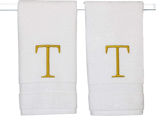 Monogrammed Hand Towels for Bathroom - Luxury Hotel Quality Personalized Initial Decorative Embroidered Bath Towel for Powder Room, Spa - GOTS Organic Certified - Set of 2 Gold Letter T