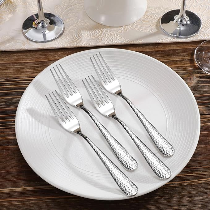 KEAWELL Premium 8-Piece Louise Hammered Fork Set, 18/10 Stainless Steel, Fine Fork Set with Round Edge, Brightly-Mirror polished, Dishwasher Safe. (8, 8" Dinner Forks)