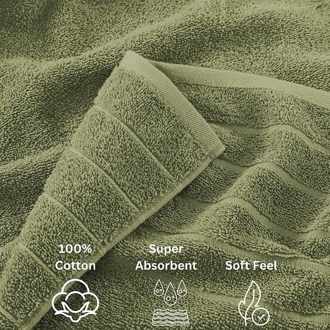 Casa Platino 100% Mercerized Cotton Bathroom Towel Set - 18 Pcs, Hotel Quality - Super Soft & Highly Absorbent - Ring Spun - 6 Large Bath Towels, 6 Washcloths, 6 Hand Towels - Family Pack - Oil Green