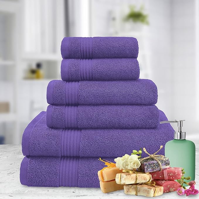 American Veteran Towel, 6 Piece Towel Set for Bathroom, 100% Cotton Turkish Bathroom Towels, 2 Bath Towels 2 Hand Towels 2 Washcloths, Purple