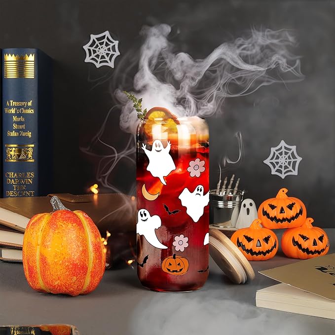 Joeyan Halloween Glass Cups with Lids and Straws,20 oz Pumpkin Ghost Iced Coffee Tumbler,Cute Spooky Can Shaped Beer Drinking Glasses,Holiday Gifts for Women Mom Friend Teen
