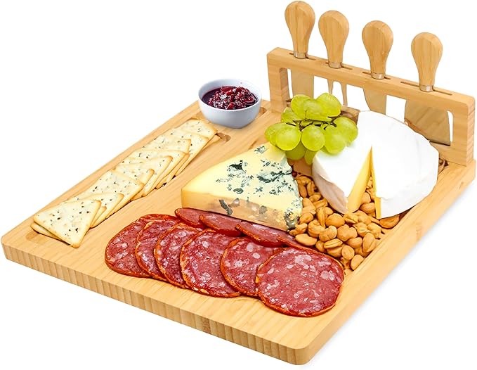 RoyalHouse Bamboo Cheese Board and Knife Set with Magnetic Holder - Serving Tray for Crackers, Meat, and Wine - Anniversary and Wedding Gift