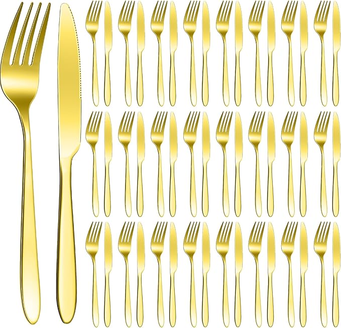 Nuenen 50 Pieces Stainless Steel Forks Silverware Set Dinner Forks and Knives Flatware Tableware Cutlery Set for Kitchen Restaurant(7.1 x 1 Inch, 8.4 x 0.7 Inch,Gold)