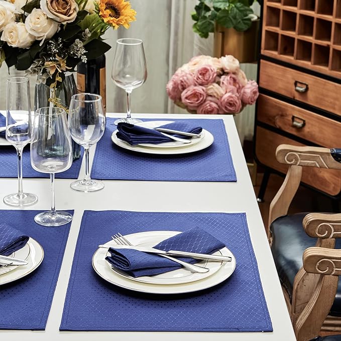 Place Mats Set of 8 – Rectangle Rectangular Waterproof Fabric Polyester Cloth Washable Wipeable Heat Resistant Placemats for Kitchen Dining Dinner Table Indoor 13 x 19 Inch Navy Blue