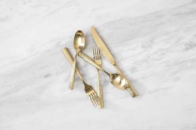Fortessa Lucca Faceted 18/10 Stainless Steel Flatware, Dessert/Soup Spoon, 7.1", Set of 12, Brushed Gold