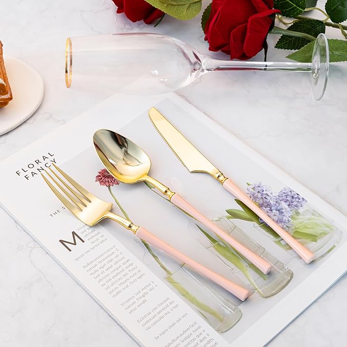 Lullaby 150pcs Gold Plastic Silverware, High End Disposable Cutlery with Pink Handle Include 50 Forks, 50 Spoons, 50 Knives, Perfect for Birthdays, Parties, Weddings, and More