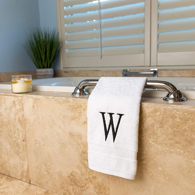 Black Luxury Hand Towel for Bathroom - Monogrammed Initial Hotel Quality Decorative Embroidered Towel for Powder Room, Spa - GOTS Organic Certified - Set of 2 Letter W