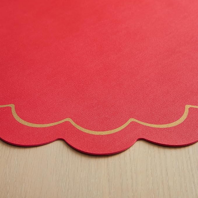 Kate Spade New York Scallop Edge Round Reversible Placemats 6-Pack Set, Imitation Leather with Metallic Print, Water Resistant, Easy Wipe Clean, Red/Gold, 15" Round