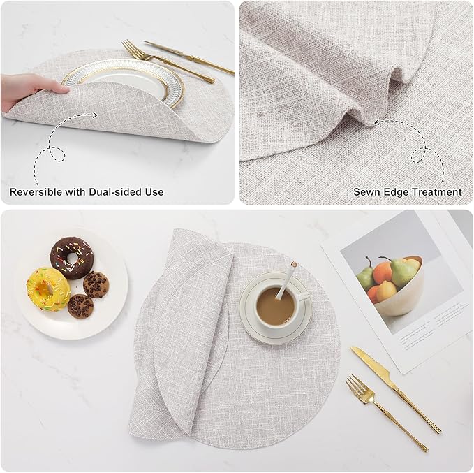 homing 15 Inch Round Cloth Placemats Set of 6, Cotton Linen Blend Washable Table Mats, Farmhouse Dining Place Mats for Indoors & Outdoors, Easy to Clean, Beige