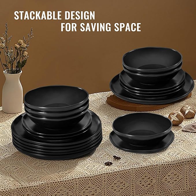 Herogo 12Pcs Plates and Bowls Set for 4, Irregular Handmade Stoneware Dinnerware, Crack and Scratch Resistant, Microwave & Dishwasher Safe, Reactive Glaze, Artistic Rustic Tableware, Matte Black