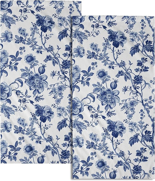 Blue Flowers Hand Towels 14.4 x 28.3 Inch Set of 2 Blue White Decorative Vintage Floral Bathroom Towels Soft Absorbent Microfiber Tea Towel Dish Towel for Sport,Yoga,Gym,Spa
