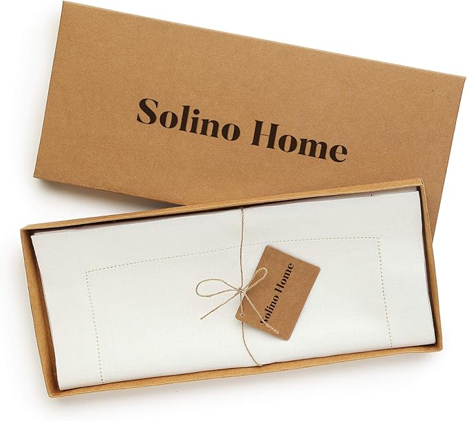Solino Home Linen Ivory Table Runner 60 Inches - Classic Hemstitch, 100% Pure Linen Coffee Table Runner 14 x 60 Inch Ideal for Dresser Tables - Holiday, New Year