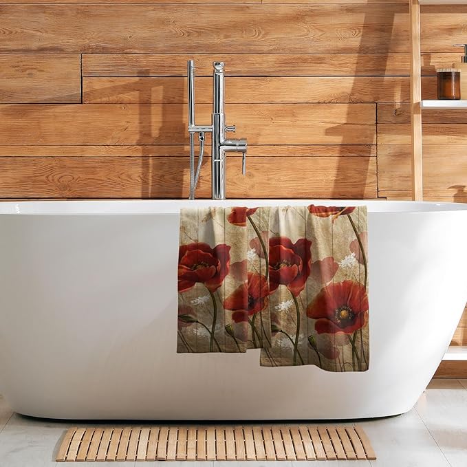 Imiss Red Poppy Flower Hand Towels Set of 2 - Rustic Brown Wooden Multi-Purpose Guest Kitchen Towel 14.4 x 28.3 Inch for Face Bathroom Gym Spa