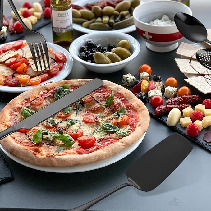 Black Utensils Catering Set 11-Piece Stainless Steel Spatula Turner Serving Spoon Fork Skimmer Ladle Cake Server Cutter, Buffet Banquet Kitchen Restaurant Hostess Set Easy to Clean