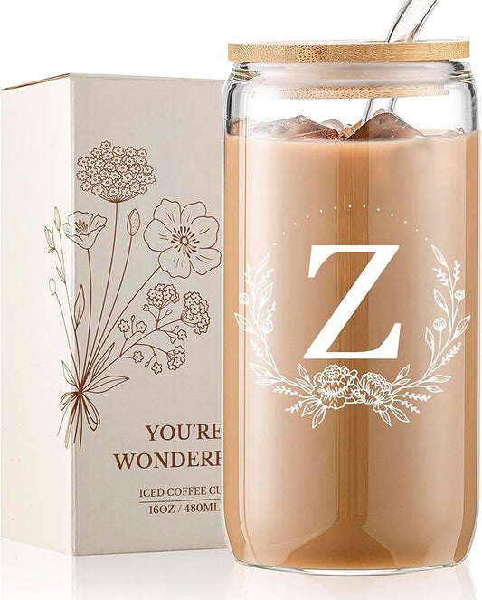 Personalized Gifts for Women, Monogrammed 16oz Glass Cups with Bamboo Lids and Straws, Customized Glass Tumbler, Cute Custom Mug, Customizable Initial Iced Coffee Glasses, Birthday Bridesmaid Mom, Z