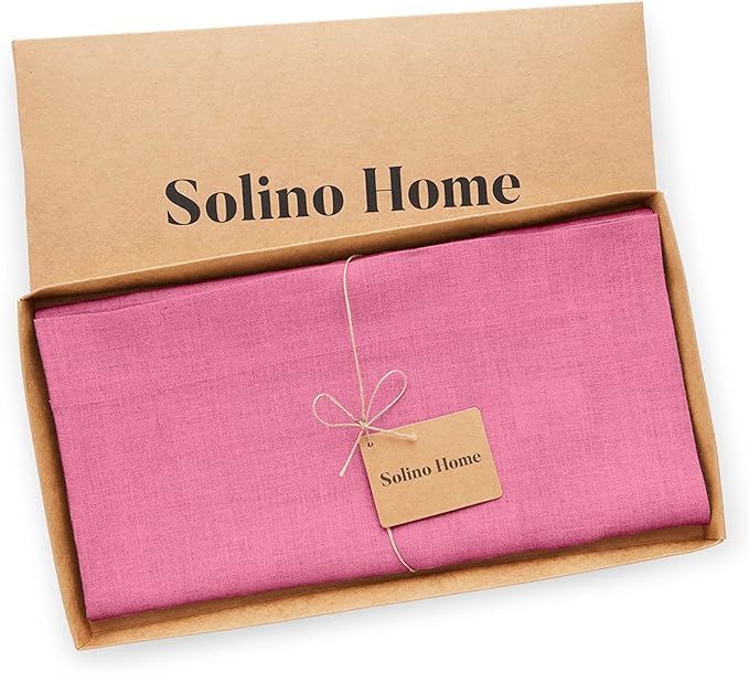 Solino Home Linen Square Tablecloth 52 x 52 Inch - 100% Pure Linen Flamingo Pink Table Throw - Fete, Machine Washable Table Cloth for Valentines