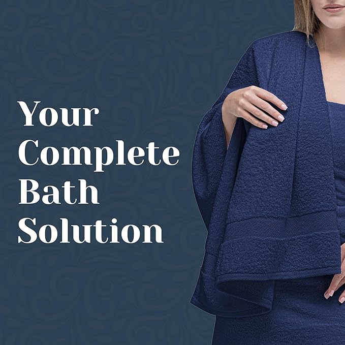 White Classic Luxury Bath Towel Set of 8 Pieces - 100% Turkish Cotton Highly Absorbent Towels for Bathroom, 2 Luxury Bath Towels 700GSM, 2 Hand Towels, 4 Washcloths, Navy