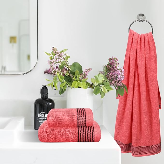 Belizzi Home Ultra Soft 3 Pack Cotton Towel Set, Contains a Bath Towel 28x55 inch, a Hand Towel 16x24 inch & a Wash Coth 12x12 inch, Ideal Everyday use, Compact & Lightweight -Coral Orange
