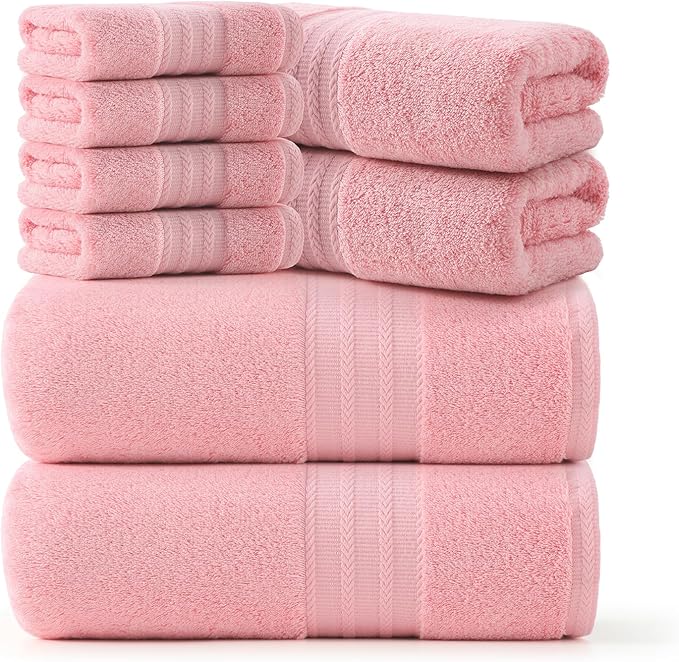 REDKISS Pink Towel Set of 8-100% Cotton Luxury Bath Towels Set for Bathroom, 600 GSM Highly Absorbent Bathroom Towel with 2 Large Bath Sheet, 2 Hand, 4 Washcloths, Pink Shower Towels for Dorm