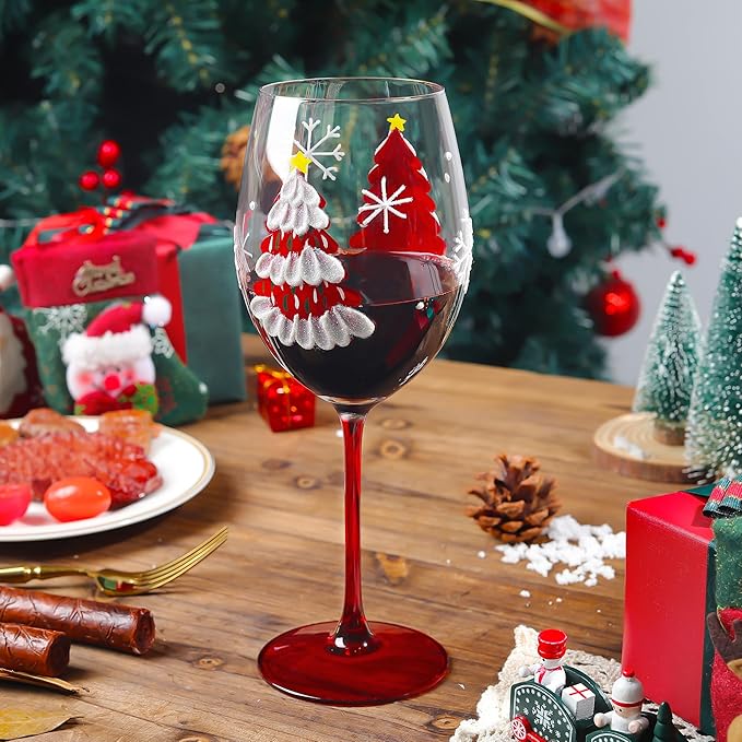 Joeyan Christmas Crystal Red and White Wine Glasses,Hand Painted Glass Goblet Drinking Glasses,Red Xmas Tree and Snowflakes Patterned Glass Tumbler Cups with Stem,Gift for Men Women,19.5 oz,Set of 2