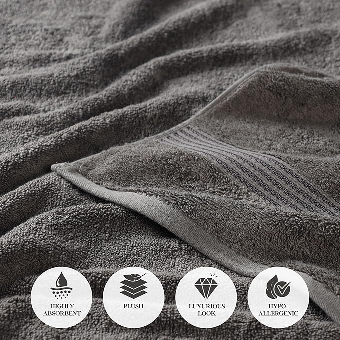 Superior Egyptian Cotton Bath Towel Set, Home Bathroom Towels, Master, Guest Bath, Decor Essentials, Quick Dry, Absorbent, Large Body Towels, Spa, Hotel, Resort, Adult, Kids, Set of 2, Charcoal