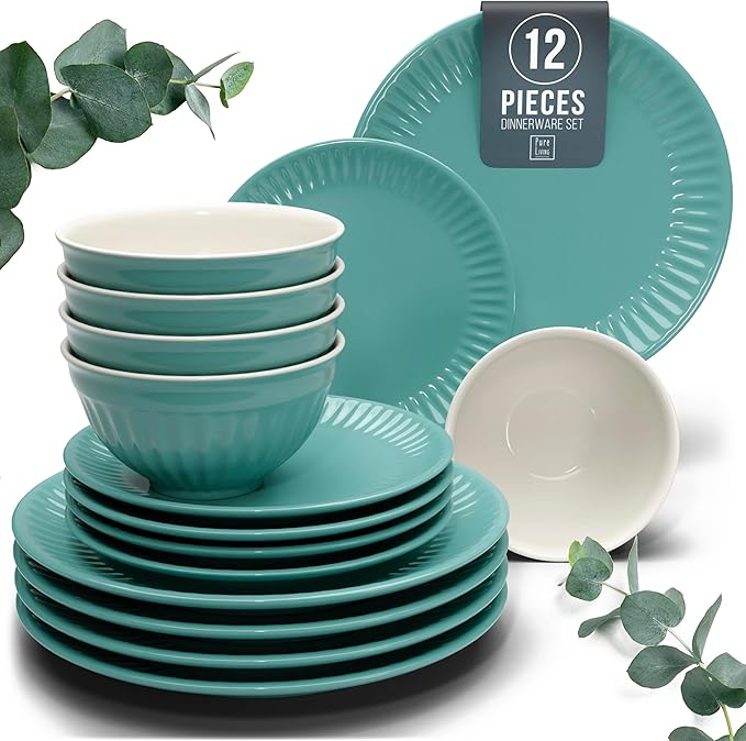 Stoneware Dinnerware Set for 4 People HYGGE 12-Piece - Elegant Scandi Design - Premium Dish Set - Bowl and Plate Set - Tableware for 4 People in a Ribbed Design - Pure Living in Green