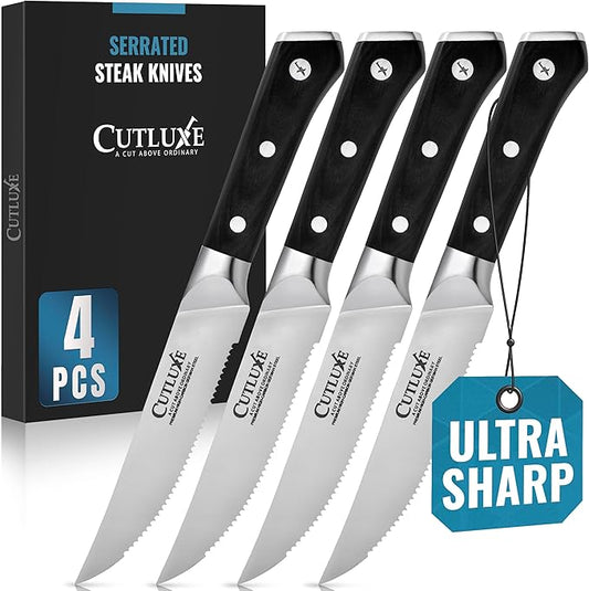 Cutluxe Steak Knives Set of 4, Serrated Steak Knives – Forged High Carbon German Steel, Full Tang, Ergonomic Handle Design – Artisan Series