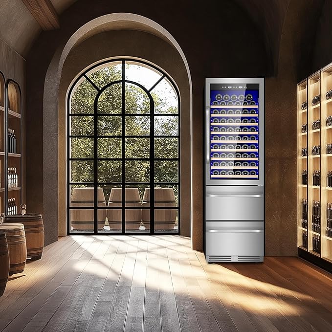 24 Inch Wine and Beverage Refrigerator, 2 IN 1 Dual Zone Drawer Beverage Fridge Wine Cooler, Built-in or Freestanding Beverage Cooler with Powerful Compressor, Holds 108 Bottles and 150 Cans