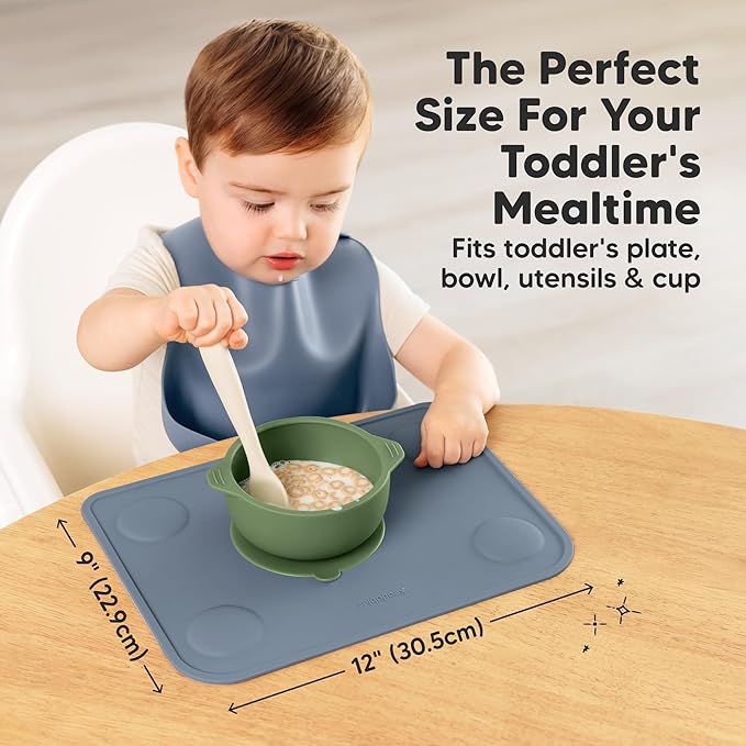 KeaBabies 2-Pack Silicone Placemats for Toddlers - 12x9 Non Slip Suction Baby Silicone Placemat for Kids Eating, Easy to Clean, Busy Travel Baby Mat for Dining Table, Food Grade/BPA-Free (Slate)