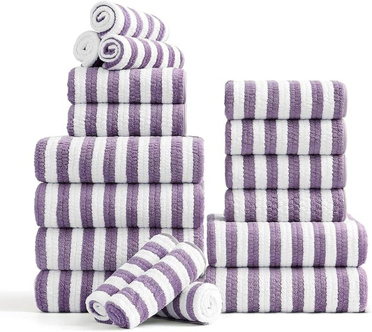 18-Piece Microfiber Bath Towels Set - 6 Bath Sheet, 6 Hand Towels, 6 Washcloths, Soft, Highly Absorbent Bathroom Towel, Quick Dry & Less Lint Shower towel for Bathroom, Hotel, Spa, Dorm-Dark Purple