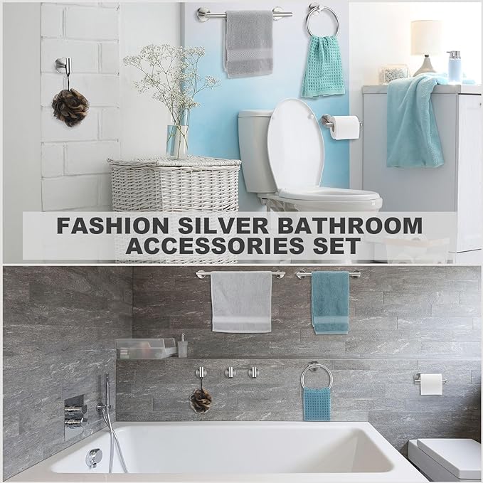 Gisafai 15 Piece Bathroom Hardware Set, 23.6 Inch Brushed Towel Bar Ring Toilet Paper Holder Robe Towel Hook, Sus304 Stainless Steel Bathroom Accessory Set Wall Mounted(Silver)