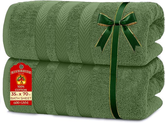 RIVERSIDE Pack of 2 Extra Large Bath Sheets 35 x 70 Inches - 100% Ring Spun Cotton Hotel Quality Oversized Bath Towels - Super Soft, Highly Absorbent & Quicker to Dry - Sage Green