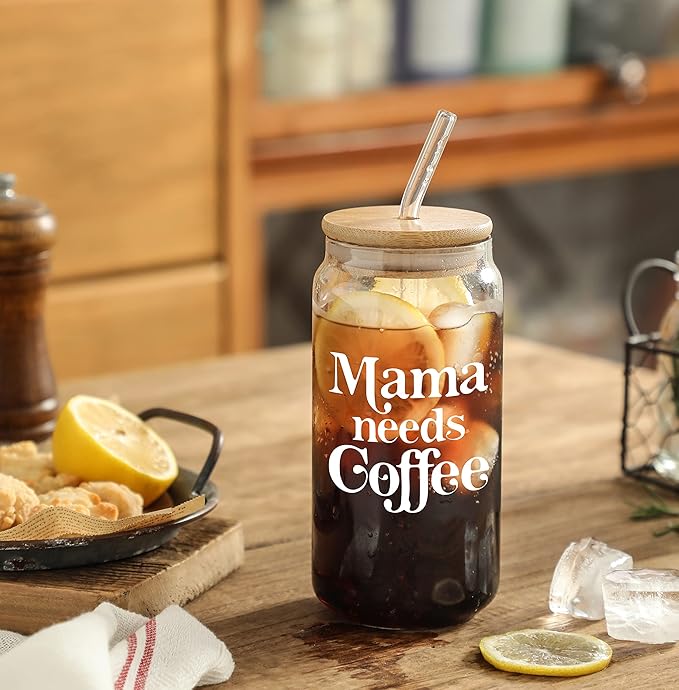 Christmas Gifts for Mom, 16 Oz Coffee Can Glass Cups, Drinking Cup with Lid and Straw, Moms Gift from Daughter and Son, Christmas Mothers Day Birthday Present Ideas for Mother, New Moms, Mom To Be