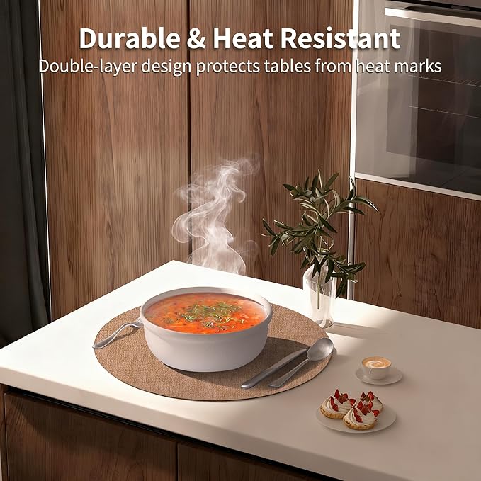 Maxpearl Round Placemats Set of 6, 13.8 inch Faux Leather Heat Resistant Table Mats, Non Slip Waterproof Wipeable Place Mats for Kitchen Dining Holiday Party Table Settings, Brown