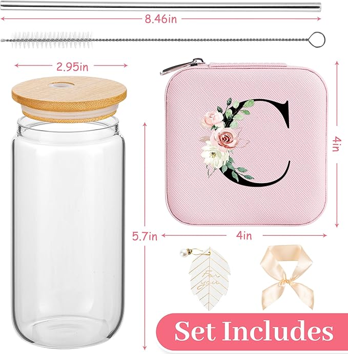 AYGXU Bridesmaid Gifts,18 year old girl birthday gifts,teacher gifts for womens,Drinking glass with Bamboo Lids and Straw,Jewelry Organizer,Travel Essentials Small Jewelry Box,Initial C pink