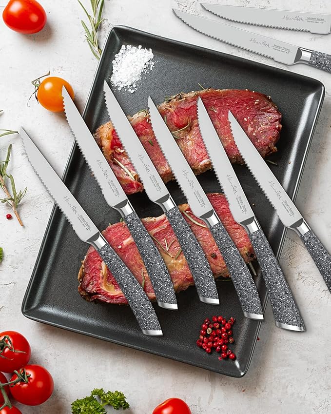 harriet Steak Knives Set of 8, 4.5" Serrated Steak Knives, Full Tang Premium Stainless Steel Steak Knives Set with Gift Box, Dinner Knives, Marble Pattern Handle