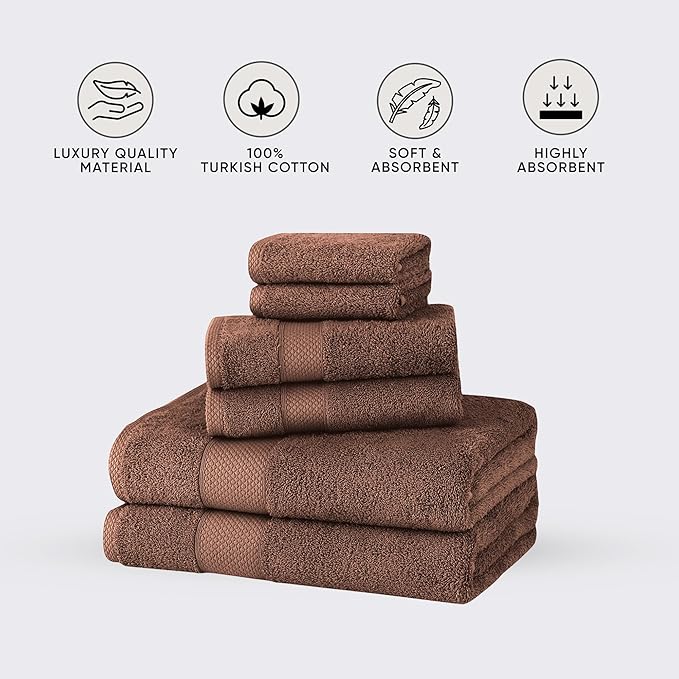 Towels Beyond - Luxury 6 Piece Towel Set, 100% Turkish Cotton, Quick Drying, Highly Absorbent & Comfy, Includes 2 Bath Towels, 2 Hand Towels & 2 Washcloths | (Macchiato)