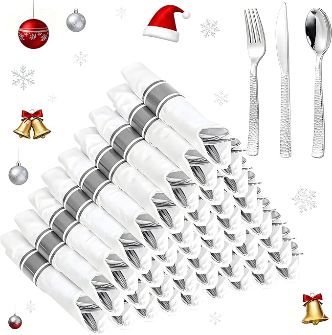 WELLIFE 300PCS Silver Plastic Silverware,Pre Rolled Silverware Set Disposable,Disposable Cutlery Includes: 75 Forks, 75 Knives, 75 Spoons, 75 Napkins,Christmas Utensils