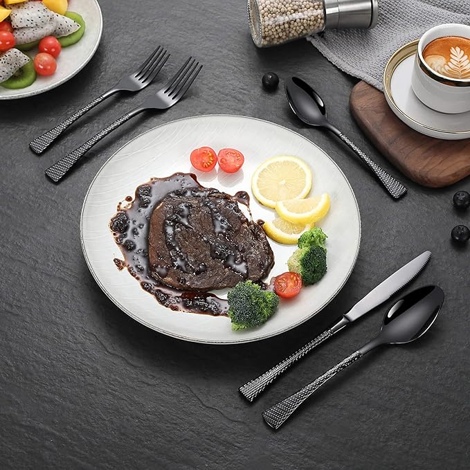 Lemeya Hammered Black Silverware Set,20 Piece Modern Flatware Set Service for 4,Mirror Polished Stainless Steel Cutlery Set Utensil Set Tableware Set,Kitchen Knives Forks Spoons Set,Dishwasher Safe