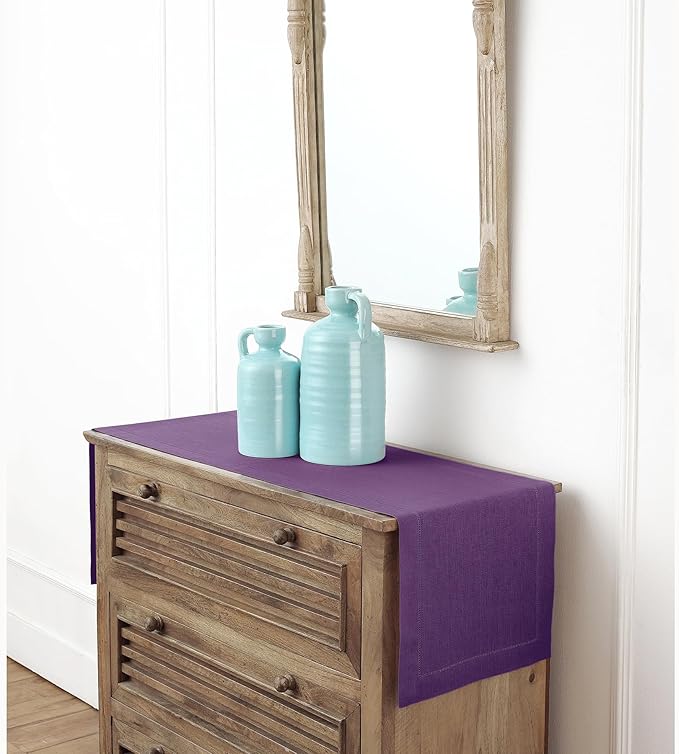 Solino Home Linen Purple Table Runner 60 Inches - Classic Hemstitch, 100% Pure Linen Coffee Table Runner 14 x 60 Inch Ideal for Dresser Tables - Holiday, Valentines