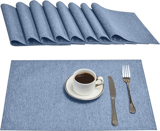 Cloth Place Mats Set of 8–Reusable Rectangular Waterproof Fabric Polyester Washable Wipeable Heat Resistant Linen for Kitchen Dining Dinner Restaurant Wedding Table(Denim blue/13x19 Inch)