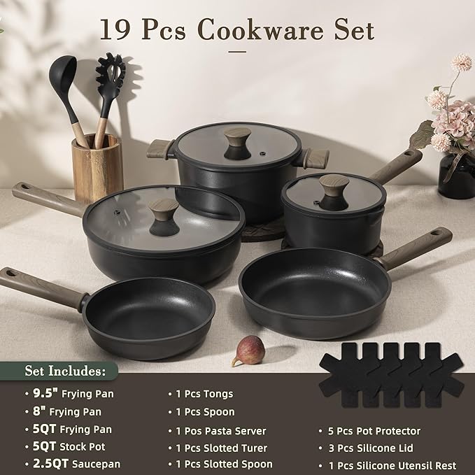 Astercook Non Stick Pots and Pans Set, Healthy Non-Toxic Titanium Induction Kitchen Cookware Sets for Cooking with Frying Pans, PFAS/PTFE/PFOA & PFOS Free, Black, 19 Pcs
