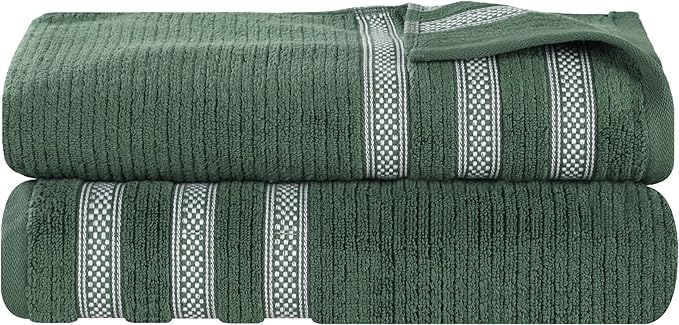 Superior Cotton Bath Sheet Set, Zero Twist, Ribbed Geometric, Oversized Large Absorbent Body Towels, Luxury Soft Dry, Shower, Spa, Hotel, Pool, Guest Bathroom, Home Essentials, Set of 2, Forest Green