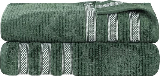 Superior Cotton Bath Sheet Set, Zero Twist, Ribbed Geometric, Oversized Large Absorbent Body Towels, Luxury Soft Dry, Shower, Spa, Hotel, Pool, Guest Bathroom, Home Essentials, Set of 2, Forest Green
