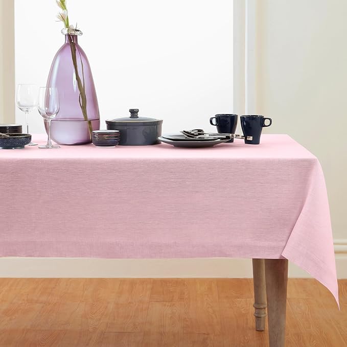 Solino Home Linen Tablecloth 60 x 108 Inch - 100% Pure Linen Bubblegum Pink Table Cloth for Rectangle Tables - Athena, Machine Washable Tablecloth for Christmas