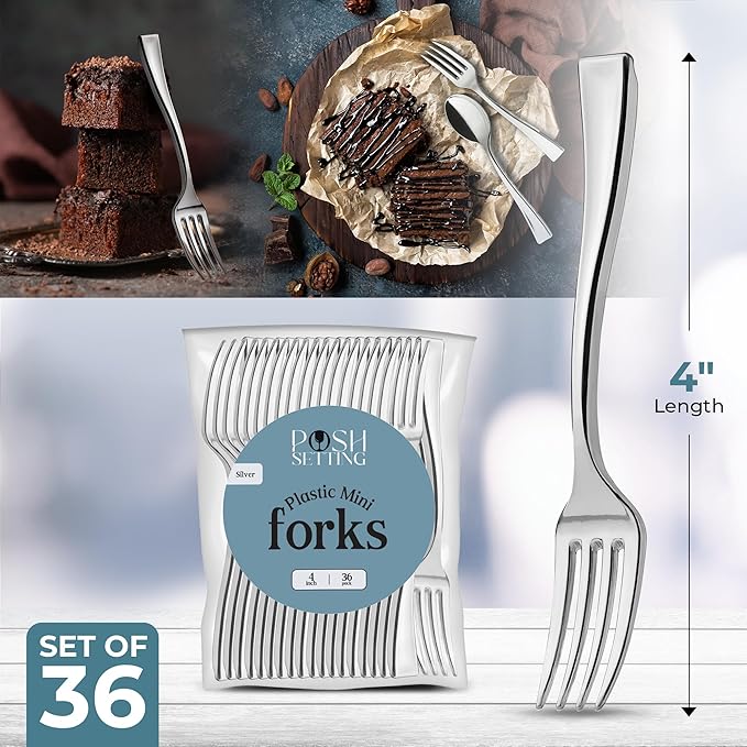 Posh Setting - Mini Fork - Silver Disposable Forks, 4 inch - Small Forks for Appetizers(36 Pack)