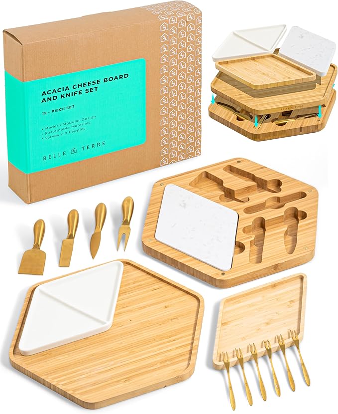 Premium Bamboo Cheese Board and Knife Set - Versatile Charcuterie Board Gift Set with High-Grade Steel Gold Cutlery, Eco-Friendly Giant Modular Design for Entertaining, Ideal for Foodies & Couples