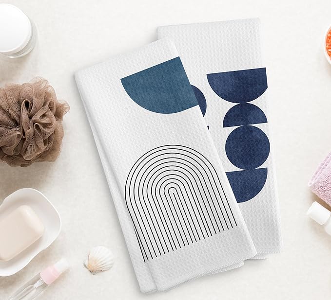 Boho Navy Blue Line Kitchen Towels and Dishcloths Set of 2, Boho Dish Towels, Bohemian Decorative Boho Blue Hand Towels for Bathroom Kitchen, 16×24 Inches